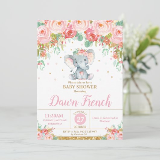 かわいいピンクフローラゾウ赤ちゃんシャワー赤ちゃん女の子 招待状 (スタンド正面)