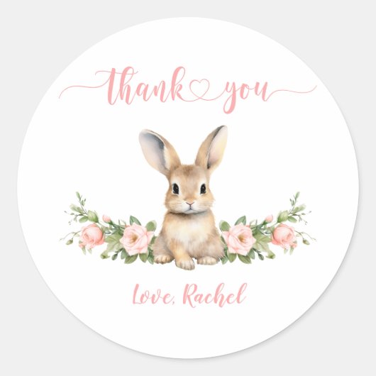 かわいいピンクフローラバニーガール1st誕生日ありがとう ラウンドシール (正面)