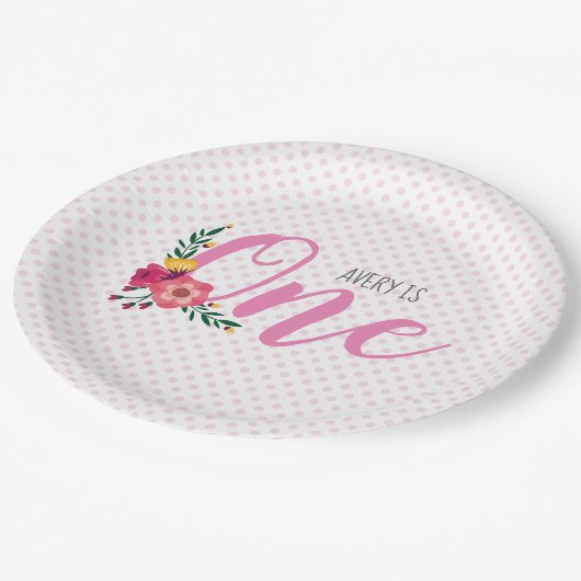 かわいいピンクフローラベビーの1歳の誕生日 ペーパープレート (アングル)