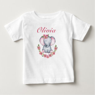 かわいいピンクフローラベビーゾウ女の子 ベビーTシャツ