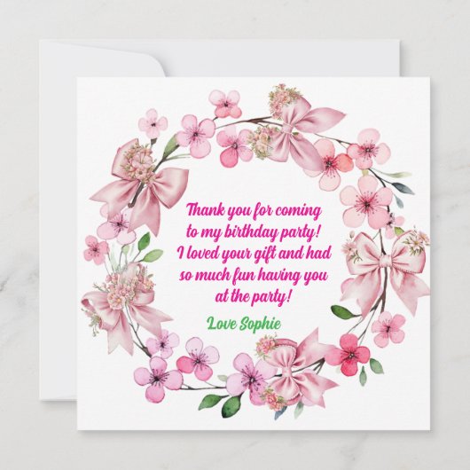 かわいいピンクフローラボウガールフォト誕生日 サンキューカード (裏面)