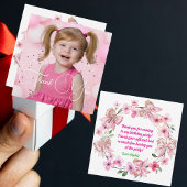 かわいいピンクフローラボウガールフォト誕生日 サンキューカード