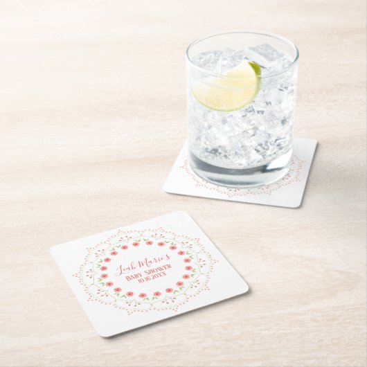 かわいいピンクフローラミニマル書道リース スクエアペーパーコースター (インサイチュ)