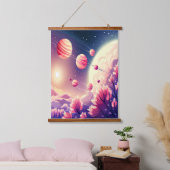 かわいいピンクフローラランドスケープイラストレーションイン宇宙 吊り下げ型タペストリー (寝室)