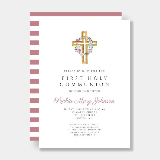 かわいいピンクフローラリースクロスファースト聖餐式 招待状