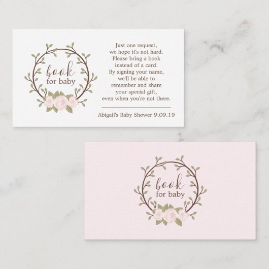 かわいいピンクフローラリースブックリクエスト赤ちゃんシャワー エンクロージャーカード (正面/裏面)