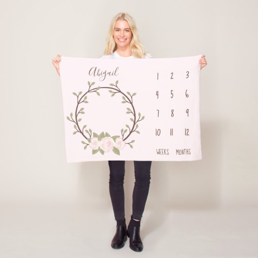 かわいいピンクフローラリースベビーマイルストーン フリースブランケット (インサイチュ)