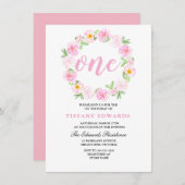 かわいいピンクフローラリース1歳の招待状 招待状 (正面/裏面)