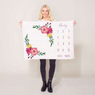 かわいいピンクフローラ水玉模様ベビーマイルストーン フリースブランケット