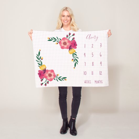 かわいいピンクフローラ水玉模様ベビーマイルストーン フリースブランケット (インサイチュ)