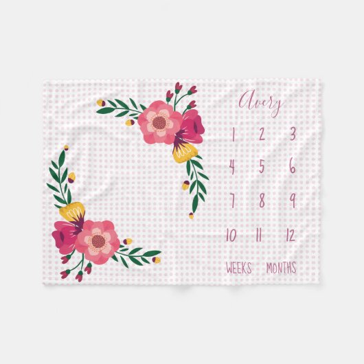 かわいいピンクフローラ水玉模様ベビーマイルストーン フリースブランケット (正面(横))