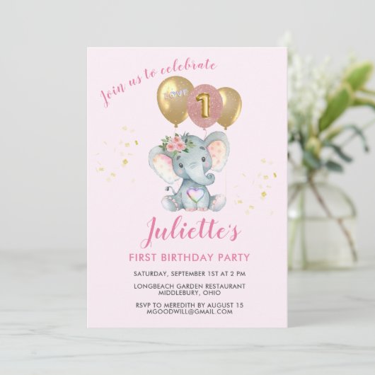 かわいいピンクフローラ象ファースト誕生日ガール 招待状 (スタンド正面)