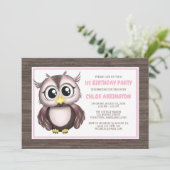 かわいいピンクブラウンのフクロウの誕生日招待状 招待状 (スタンド正面)