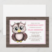 かわいいピンクブラウンのフクロウの誕生日招待状 招待状 (正面/裏面)