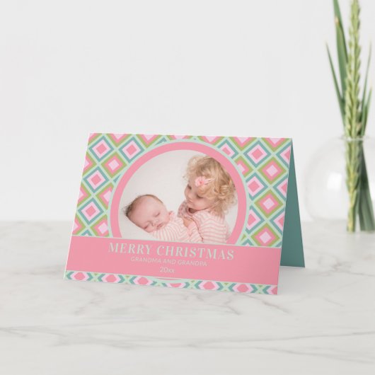 かわいいピンクブルーの緑のクリスマスのおじいちゃん写真 シーズンカード (正面)