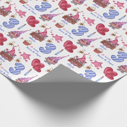 かわいいピンクブルーガール格言3歳誕生日 ラッピングペーパー (角)