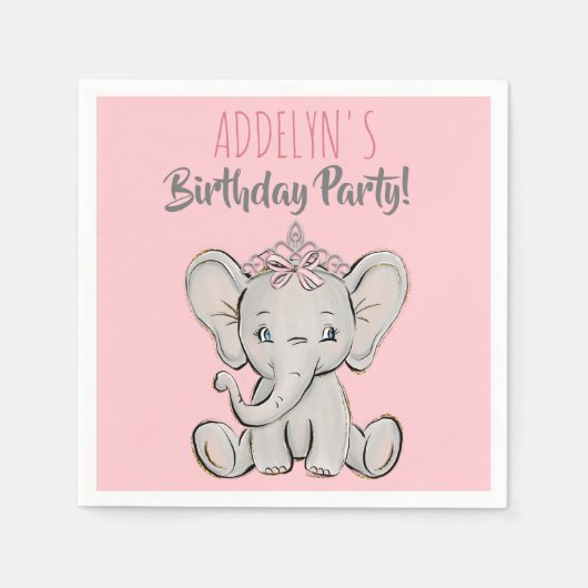 かわいいピンクプリンセスゾウの子供の誕生日パーティー スタンダードカクテルナプキン (正面)
