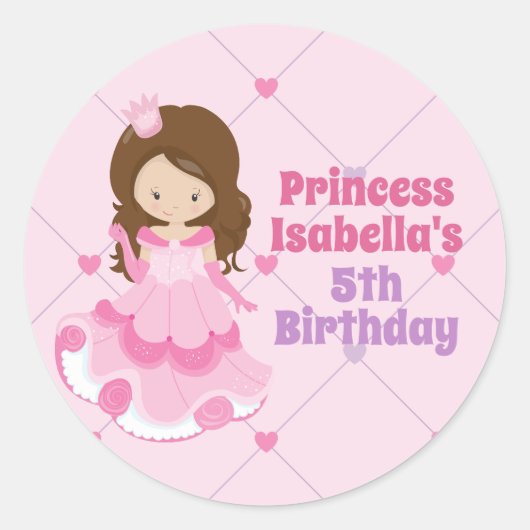 かわいいピンクプリンセス女子カスタム女の子バースデーパーティー ラウンドシール (正面)