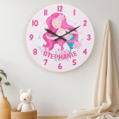 かわいいピンクヘアマーメイドガールズベッドルームウォール ラージ壁時計