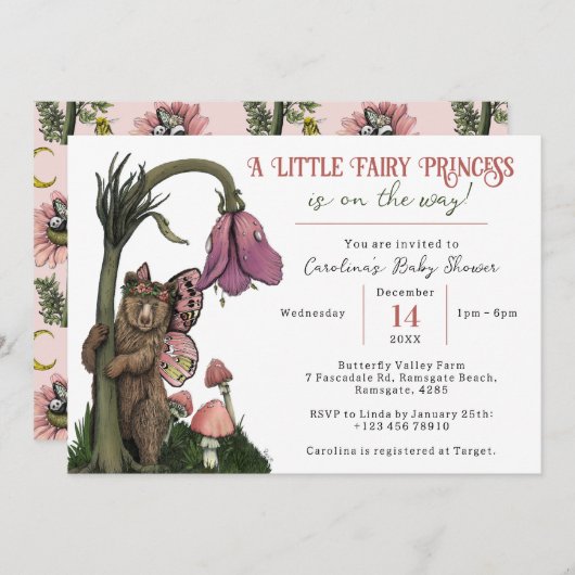 かわいいピンクベアーフェアリープリンセスガールベビーシャワー 招待状 (正面/裏面)