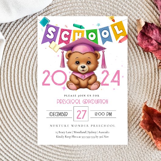 かわいいピンクベア幼稚園卒業招待状 招待状