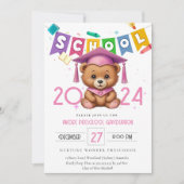 かわいいピンクベア幼稚園卒業招待状 招待状 (正面)