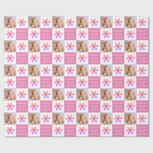 かわいいピンクベビーの初めてのクリスマススノーフレーク写真 ラッピングペーパー (フラット)