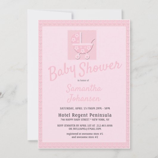 かわいいピンクベビーキャリッジガールズベビーシャワー 招待状 (正面)