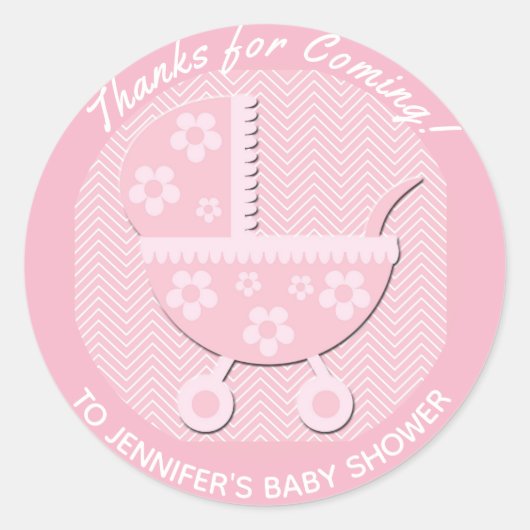 かわいいピンクベビーキャリッジベビーシャワーありがとう ラウンドシール (正面)