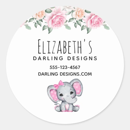 かわいいピンクベビーゾウとバラ縁どズビジネス ラウンドシール (正面)