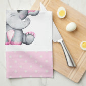 かわいいピンクベビーゾウとバラ縁ど キッチンタオル (四つ折り)