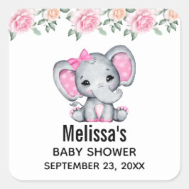 かわいいピンクベビーゾウとバラ縁ど スクエアシール
