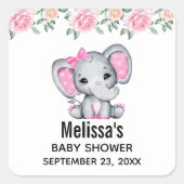 かわいいピンクベビーゾウとバラ縁ど スクエアシール (正面)