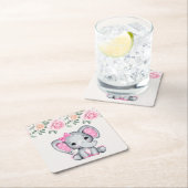 かわいいピンクベビーゾウとバラ縁ど スクエアペーパーコースター (インサイチュ)