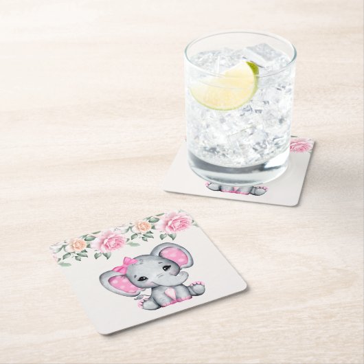 かわいいピンクベビーゾウとバラ縁ど スクエアペーパーコースター (インサイチュ)