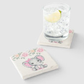 かわいいピンクベビーゾウとバラ縁ど ストーンコースター (横)