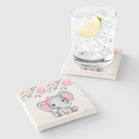 かわいいピンクベビーゾウとバラ縁ど ストーンコースター (横)