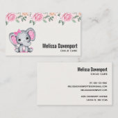 かわいいピンクベビーゾウとバラ縁ど 名刺 (正面/裏面)