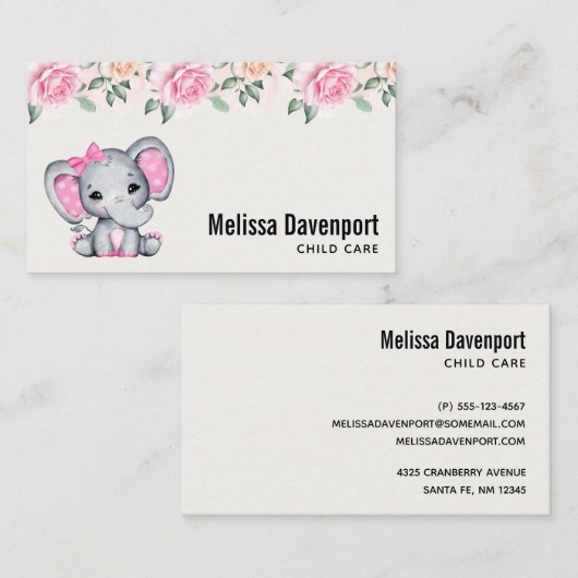 かわいいピンクベビーゾウとバラ縁ど 名刺 (正面/裏面)