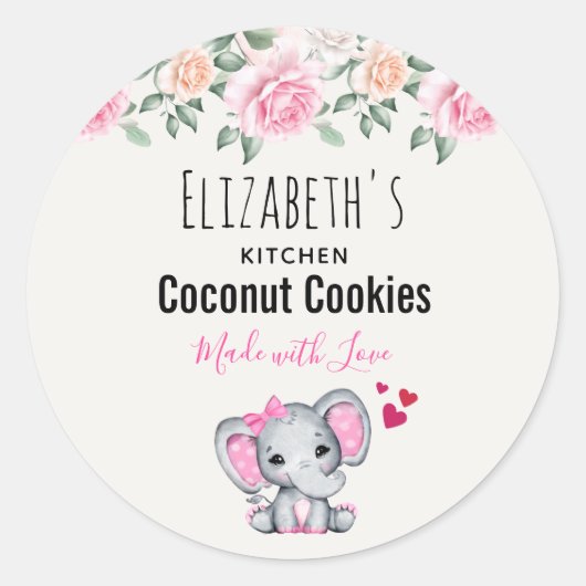 かわいいピンクベビーゾウ&バラ水彩キッチン ラウンドシール (正面)