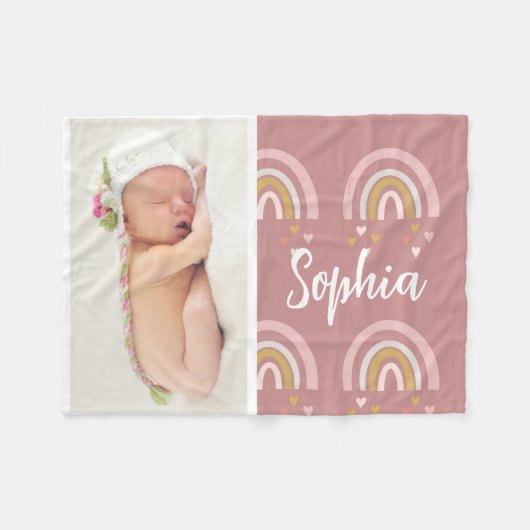 かわいいピンクベビーフォトレインボーパーソナライズされた名 フリースブランケット (正面(横))