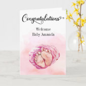 かわいいピンクベビー足おめでとうカード カード (黄色い花)