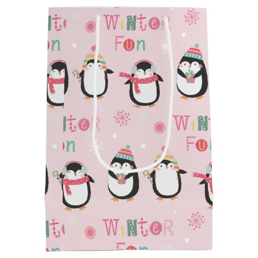かわいいピンクペンギン |冬のおもしろいクリスマス ミディアムペーパーバッグ (裏面)