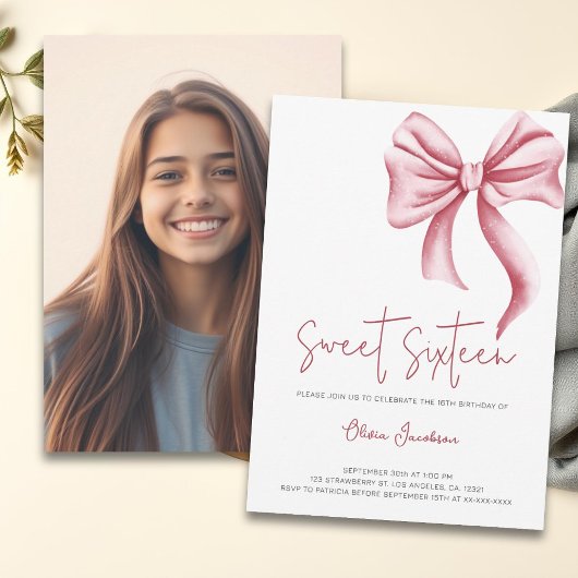 かわいいピンクボウガーリーSweet sixteenフォト誕生日 招待状