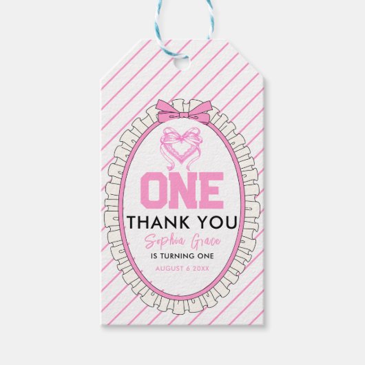 かわいいピンクボウコケット1歳の誕生日 ギフトタグ (正面)