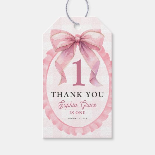 かわいいピンクボウコケット1歳の誕生日 ギフトタグ (正面)