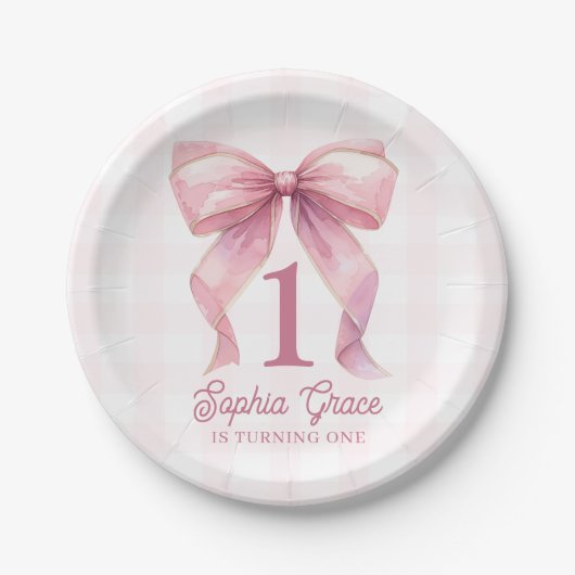 かわいいピンクボウコケット1歳の誕生日 ペーパープレート (正面)