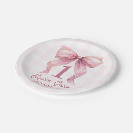 かわいいピンクボウコケット1歳の誕生日 ペーパープレート (アングル)