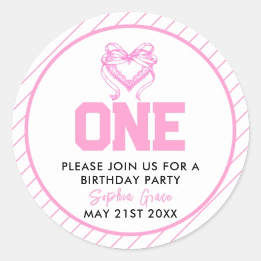 かわいいピンクボウコケット1歳の誕生日 ラウンドシール (正面)