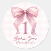 かわいいピンクボウコケット1歳の誕生日 ラウンドシール (正面)